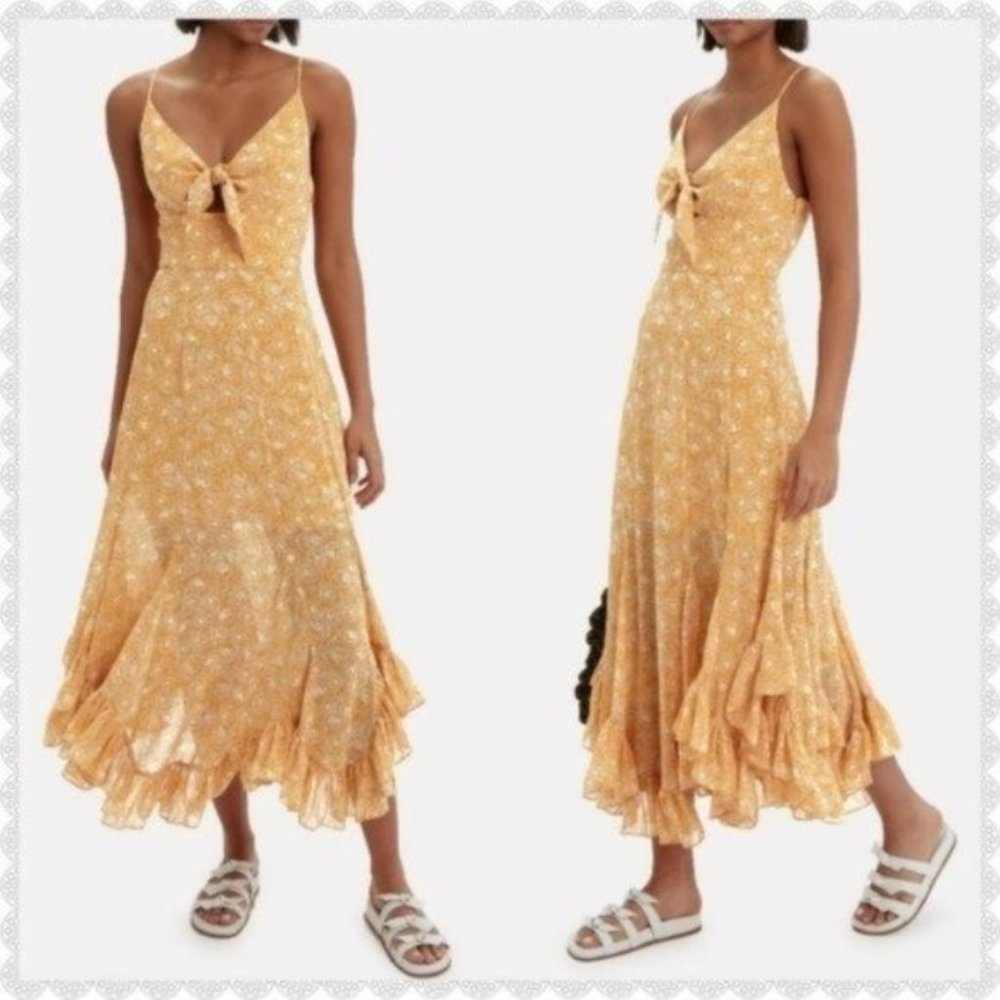 Shona Joy Yellow Floral Tie-Front Midi Dress